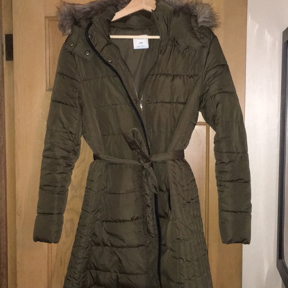 Knee length size large winter jacket.